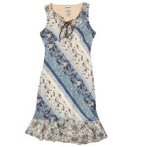 Vintage Y2k Breakin’ Loose Light Blue & Cream Printed Ruffled Midi Dress